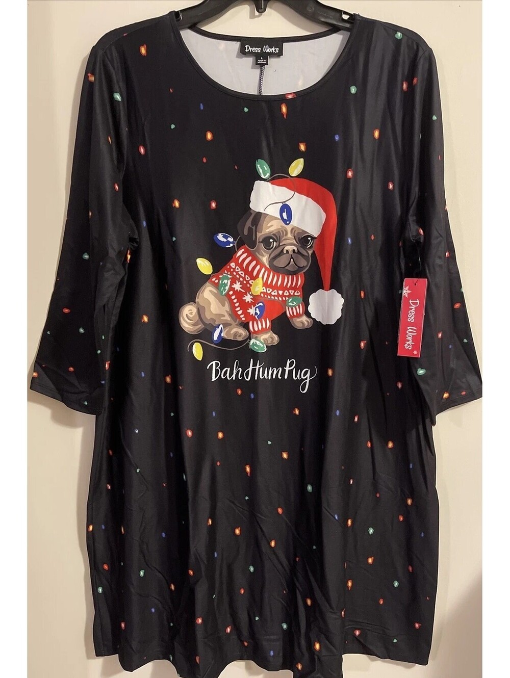 Dress Works Womens Large Black “Bah Hum Pug” Dog Christmas Midi Dress NWT! A1230